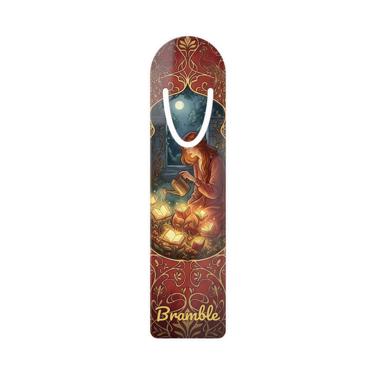 An aluminium Bramble bookmark with painted artwork